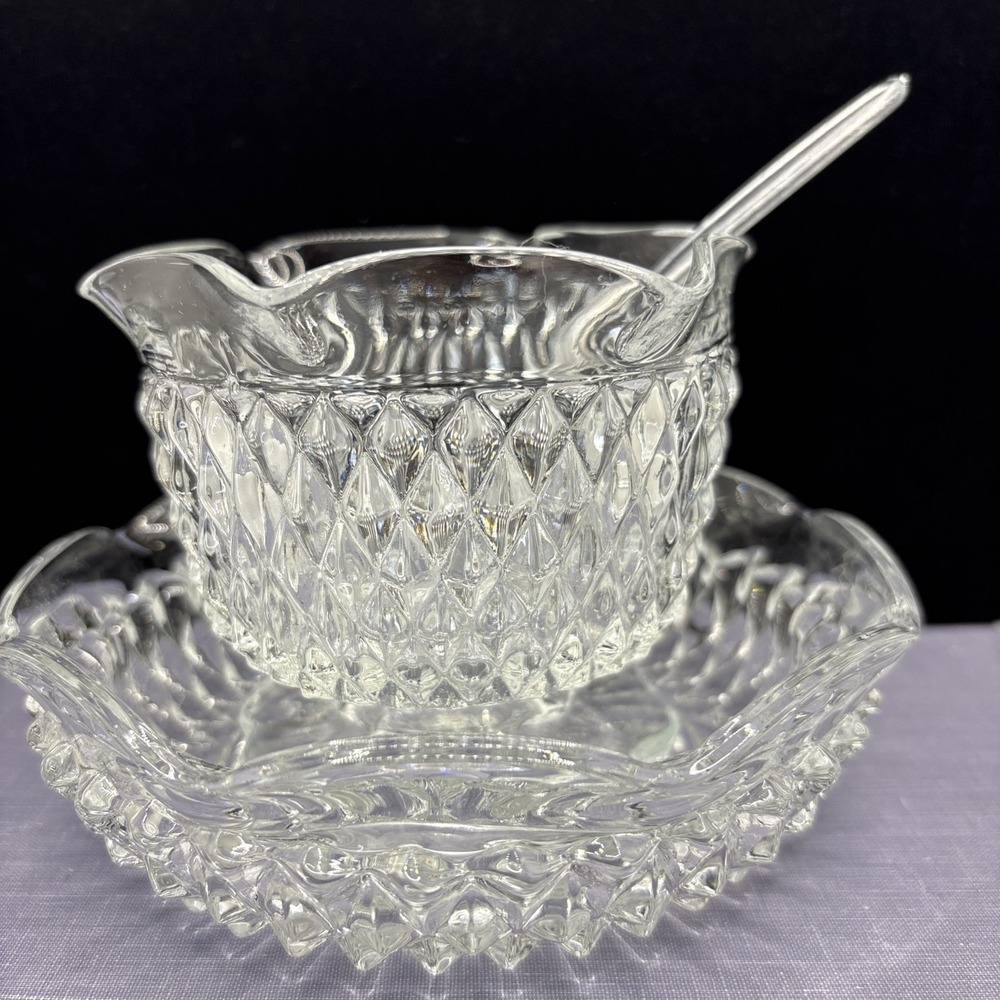 VINTAGE INDIANA GLASS DIAMOND POINT 3 PC MAYO SAUCE‎ SET IN THE BOX